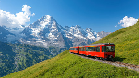 A cogwheel train travels on the railway from Jungfraujoch to Kleine Scheidegg on the green grassy hillside with Jungfrau and Monch mountains in background, in Bernese Highlands, Switzerlandの素材