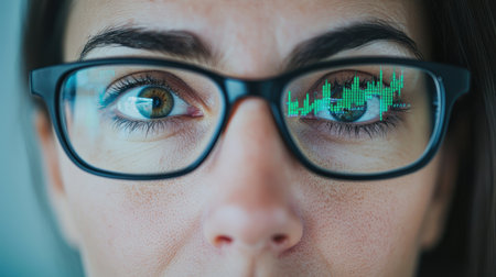 A close-up view of a person's eyes framed by a pair of glasses, reflecting stock market charts, focusing on the analysis of financial data.の素材