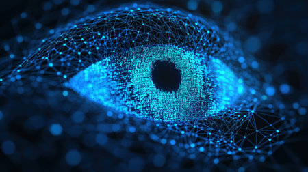 A close-up view of a blue digital eye design with intricate patterns and glowing connections symbolizing technology and innovationの素材