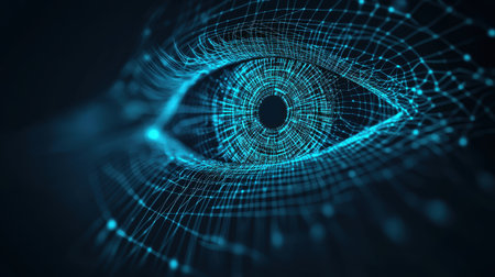 A close-up view of a blue digital eye design with intricate patterns and glowing connections symbolizing technology and innovationの素材