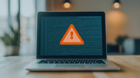 A close-up view of a laptop screen displaying a suspicious email with a red warning symbol, highlighting the threat of cybercrime and fraudulent online activities.の素材