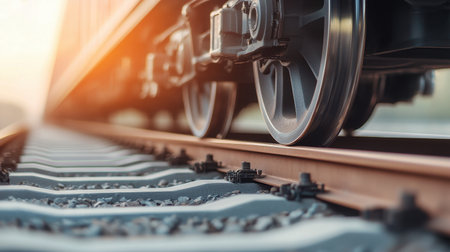 A closeup view of the wheels of a train car undercarriage passenger train freight train. Creative Banner. Copyspace imageの素材