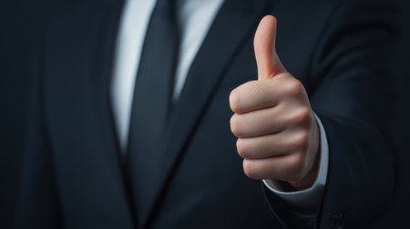 A closeup photograph of a boss in a suit seen from the back raising his thumb up in a gesture reminiscent of Roman emperors watching gladiators fight The focus is on tの素材