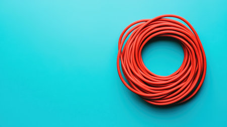 A coil of an Internet network cable for data transmission on a blue backgroundの素材