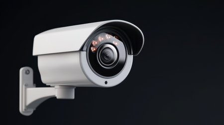 Modern security camera with infrared lights mounted on a wall for surveillance and monitoring in home or business security systems.の素材