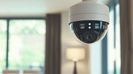 Close-up of a modern security camera mounted indoors with a blurred background of a living room and window, illustrating home security and surveillance technology.の素材
