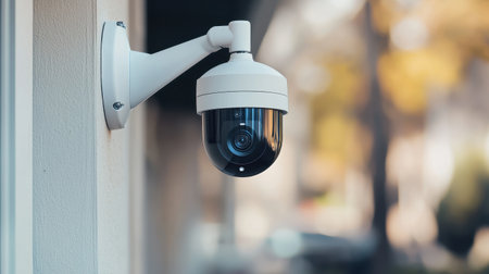 Close-up of modern outdoor security camera mounted on building wall for surveillance and property protection with outdoor environment blurred background.の素材