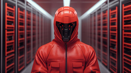 Futuristic humanoid robot with black face mask wearing red protective suit and hood standing in high tech data center with server racks and digital technology.の素材