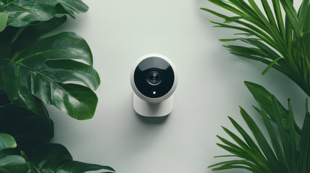 Modern security camera mounted on a clean white wall surrounded by lush green tropical plant leaves for home surveillance and remote monitoring indoors.の素材