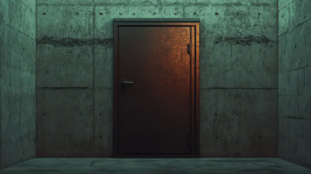 Dark industrial door with textured metal surface and warm orange light illuminating it in a minimal concrete room setting for security or escape concept.の素材