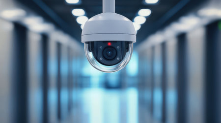 Close-up of a modern surveillance camera in a high-tech security environment with blurred background and LED indicator light, emphasizing safety and technology.の素材