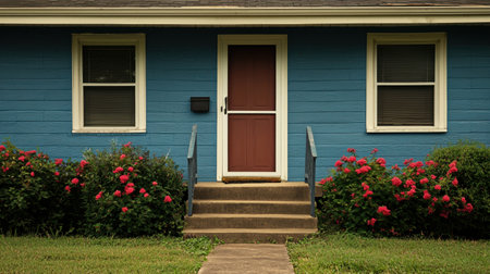 Exquisite blue house facade with vibrant pink roses, wooden stairs leading to a cozy front door, well-maintained garden, and symmetrical windows, outdoor scene.の素材