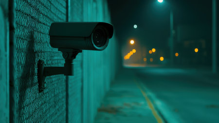 Long outdoor security camera mounted on brick wall overlooking dimly lit street at night with bokeh lights and foggy atmosphere for surveillance and safety.の素材