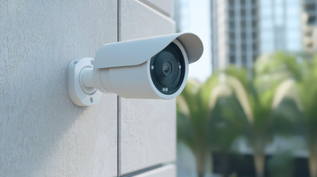 Modern outdoor security camera mounted on a wall overlooking a lush garden and urban skyline, capturing surveillance footage for security and monitoring.の素材
