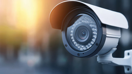 Close-up of modern security camera with infrared lights mounted outdoors during sunset showcasing surveillance technology and outdoor security equipment.の素材