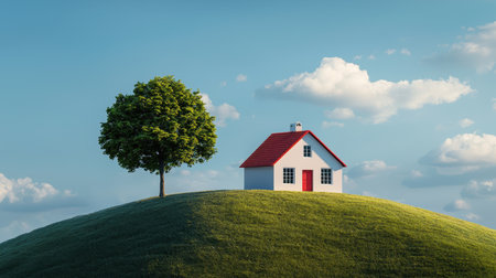 Idyllic countryside landscape with a small white house with red roof and windows on a grassy hill under blue sky with fluffy clouds and a large green leafy tree nearby.の素材