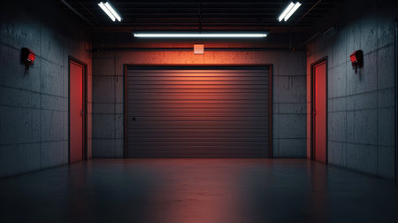 Dark empty underground parking garage with red lighting and closed rolling shutter door illuminated by fluorescent ceiling lights in an industrial setting.の素材