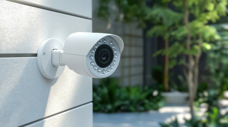 Outdoor security camera mounted on white wall capturing surveillance footage in a residential backyard with trees and fence in the background.の素材