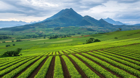 Scenic landscape featuring lush green agricultural fields with neatly aligned crops and vibrant mountain range under cloudy sky during daytime.の素材