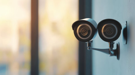 Close-up of two modern black security cameras mounted on a wall with a blurred background, capturing outdoor surveillance in a well-lit environment.の素材