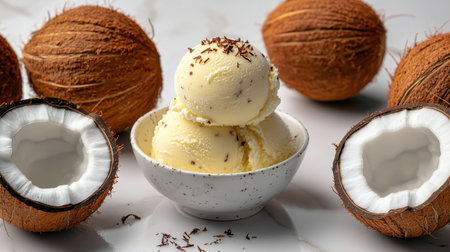Elegant coconut milk sorbet on a marble countertop surrounded by fresh coconuts minimalist style natural light high angle viewの素材