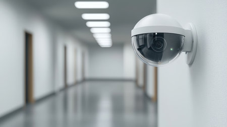 Modern security camera mounted on white wall in clean corridor with bright lighting for surveillance and safety monitoring in commercial and public buildings.の素材