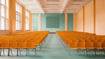 Bright Spacious Classroom with Rows of Orange Chairs Facing a Chalkboard and Large Windows Providing Natural Light in a Modern Educational Facility.の素材