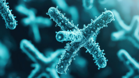 A close-up view of stylized microorganisms against a soft blue and white background, creating a gentle and scientific atmosphereの素材