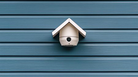 Modern security camera mounted on blue horizontal wooden siding exterior wall for home surveillance and safety monitoring system.の素材