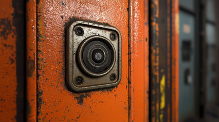 Close-up of a weathered security camera mounted on an orange metal wall with rust and peeling paint, capturing surveillance in an outdoor urban environment.の素材