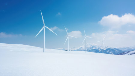 Wide view of a snowy landscape featuring multiple large wind turbines beneath a bright blue sky with scattered clouds and distant mountains in the background.の素材
