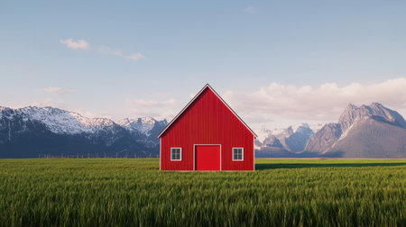 Scenic landscape featuring a vibrant red barn surrounded by lush green fields with snow-capped mountains in the background under clear blue sky.の素材