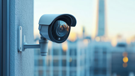 High-resolution outdoor security camera mounted on a building wall overlooking an urban cityscape during daytime for surveillance and safety purposes.の素材