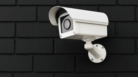 Security camera mounted on black brick wall capturing surveillance footage for security monitoring and property protection in outdoor environments.の素材