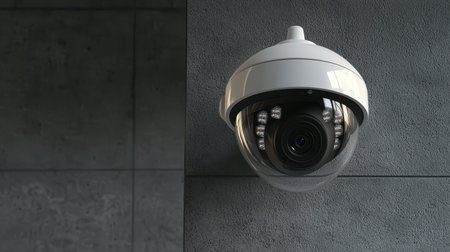 Modern white dome security camera mounted on a gray wall for surveillance and security monitoring indoor and outdoor environments.の素材