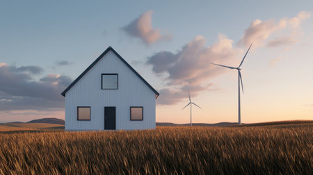 Modern white house with triangular roof surrounded by wind turbines in open field during sunset, sustainable energy concept, rural landscape, eco friendly.の素材