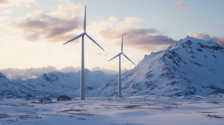 Snowy mountain landscape with wind turbines under cloudy sky showcasing renewable energy in winter season for environmental sustainability and clean power generation.の素材