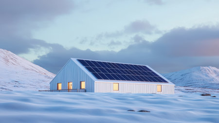 Modern eco-friendly house with solar panels on roof situated in snowy mountain landscape under cloudy sky showcasing sustainable architecture and winter environment.の素材