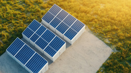 Solar panels installed on a small flat rooftop in a rural area with green grass and warm sunlight, renewable energy system for sustainable power generation.の素材