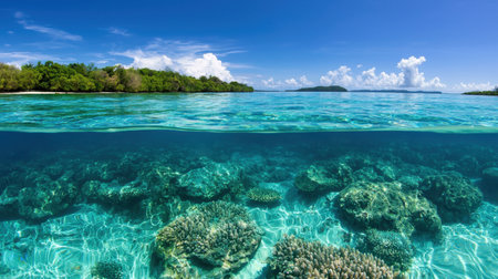 Picturesque tropical island landscape with lush green trees and clear turquoise waters over a vibrant coral reef under a bright blue sky with scattered clouds.の素材