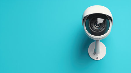Modern security camera on a vibrant blue background, close-up of surveillance equipment for home or business security system monitoring, digital technology.の素材