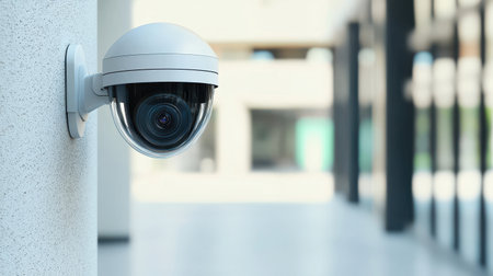 Modern security camera mounted on smooth wall with blurred background in a professional surveillance environment showcasing advanced monitoring technology.の素材