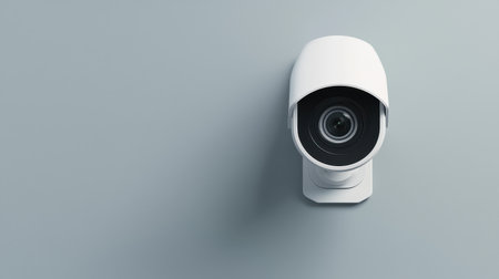 Modern security camera mounted on light gray wall for surveillance and home security system monitoring indoors and outdoors with high definition optics.の素材