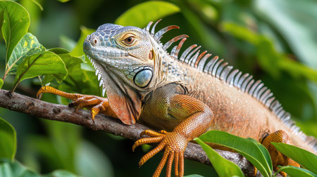 Iguana lounging on a branch vivid green foliage surrounding serene atmosphere dappled sunlight low angle viewの素材