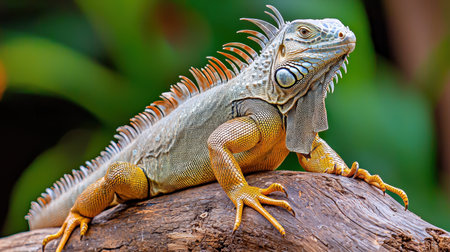 Iguana perched atop a log basking in natural sunlight relaxed posture tranquil zoo environment overhead shotの素材