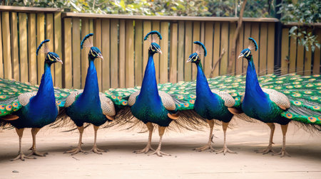 Elegant peacock strutting proudly full feather display serene zoo setting soft diffused lighting eye-level perspectiveの素材