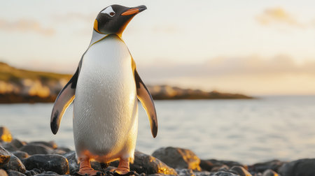 Curious penguin exploring rocky shore inquisitive stance serene atmosphere golden hour glow wide-angle view coastal settingの素材
