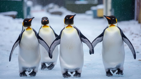 Group of penguins waddling together synchronized movement lively mood bright daylight aerial shot icy landscapeの素材