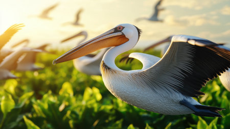 Group of pelicans diving together synchronized movement lush green foliage in background warm afternoon glow wide angle shotの素材