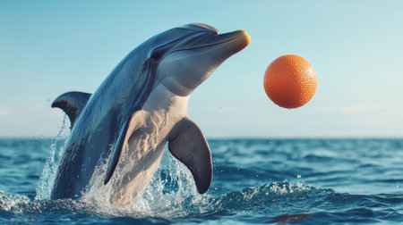 Dolphin performing tricks with ball playful interaction lively and energetic mood soft afternoon light close-up shot splash zone areaの素材